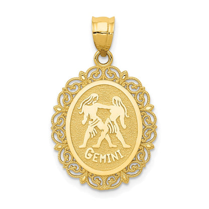 14K Gelbgold Massiv Satiniert Poliert Zwillinge Sternzeichen Ovaler Anhänger