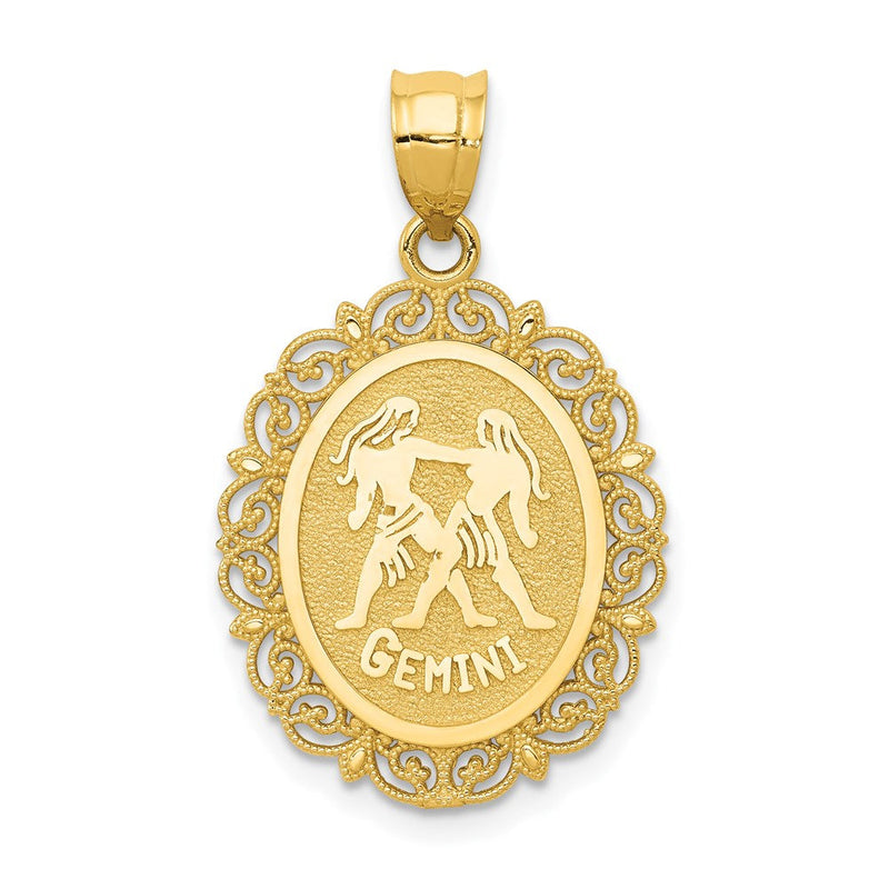 14K Gelbgold Massiv Satiniert Poliert Zwillinge Sternzeichen Ovaler Anhänger