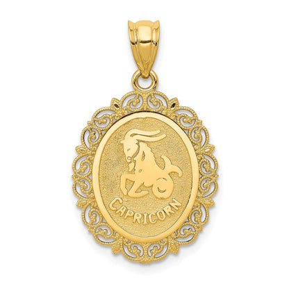 14K Gelbgold massiver satiniert-polierter Steinbock-Sternzeichen-Anhänger oval