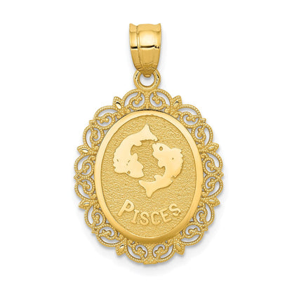 14K Gelbgold Massiver Satinierter Polierter Fische-Sternzeichen Ovaler Anhänger