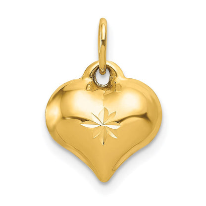14K Gelbgold Poliert 3-d Diamantiert Gewölbt Herz Charm