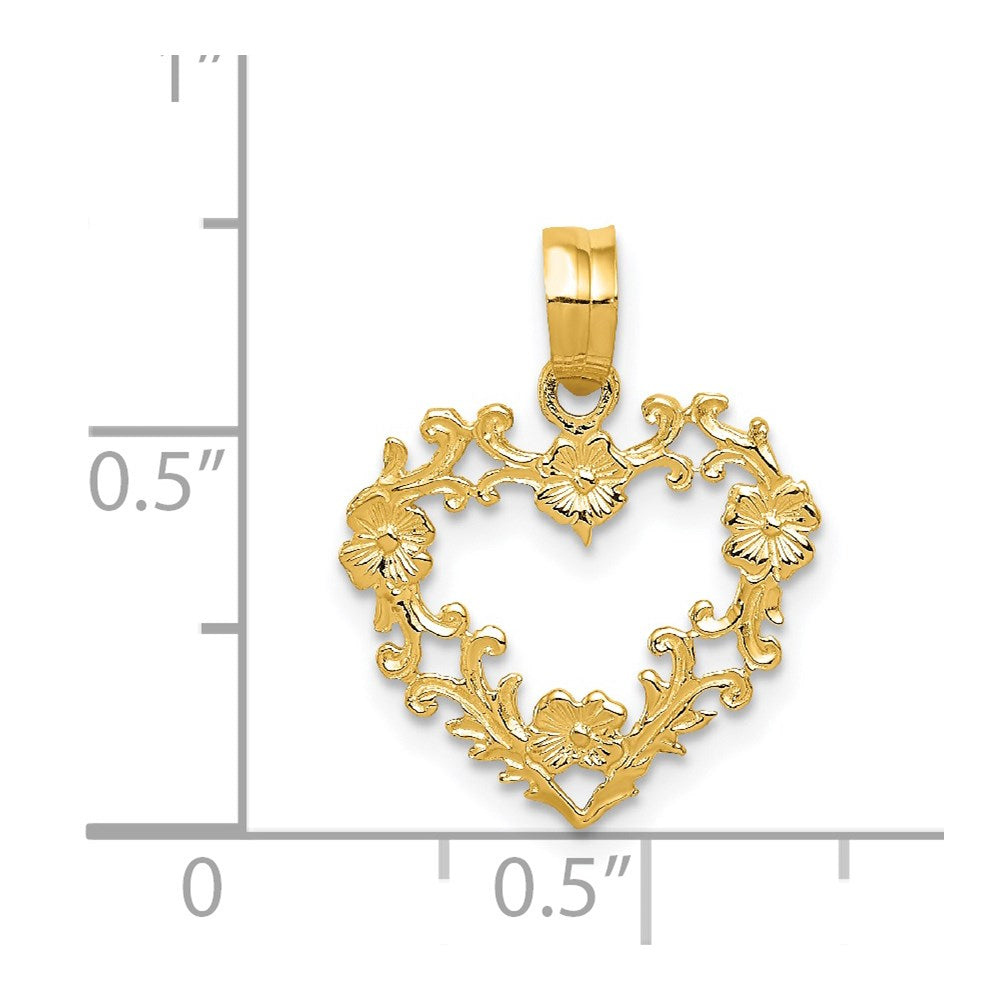14K Gelbgold Poliert Blumen Rand Herz Anhänger