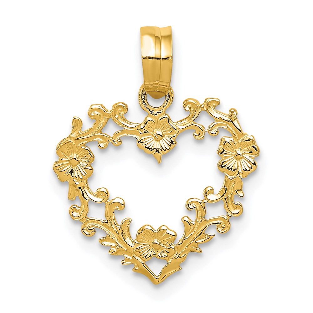 14K Gelbgold Poliert Blumen Rand Herz Anhänger