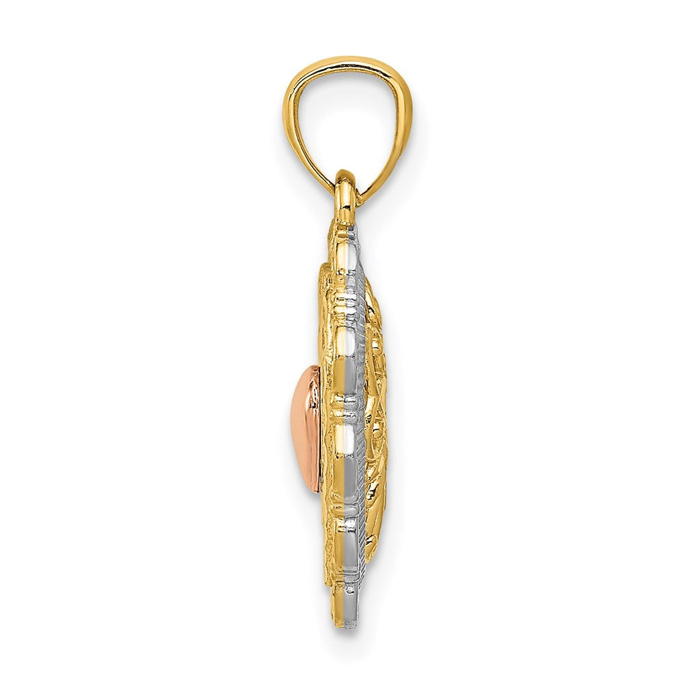 14K Bicolor-Gold mit Weißrhodium-Politur, wendbarer Filigran-Herz-Anhänger