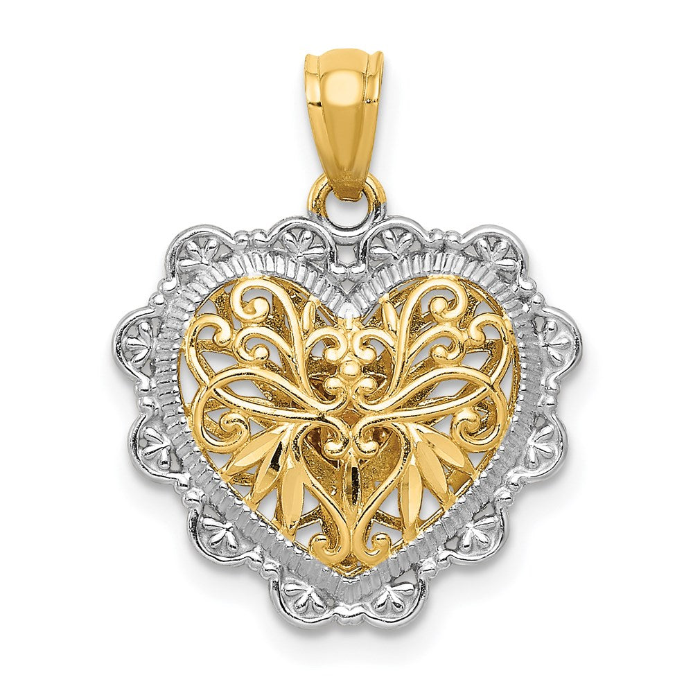14K Bicolor-Gold mit Weißrhodium-Politur, wendbarer Filigran-Herz-Anhänger