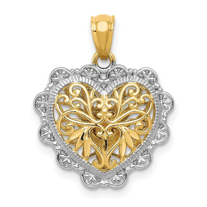 14K Bicolor-Gold mit Weißrhodium-Politur, wendbarer Filigran-Herz-Anhänger