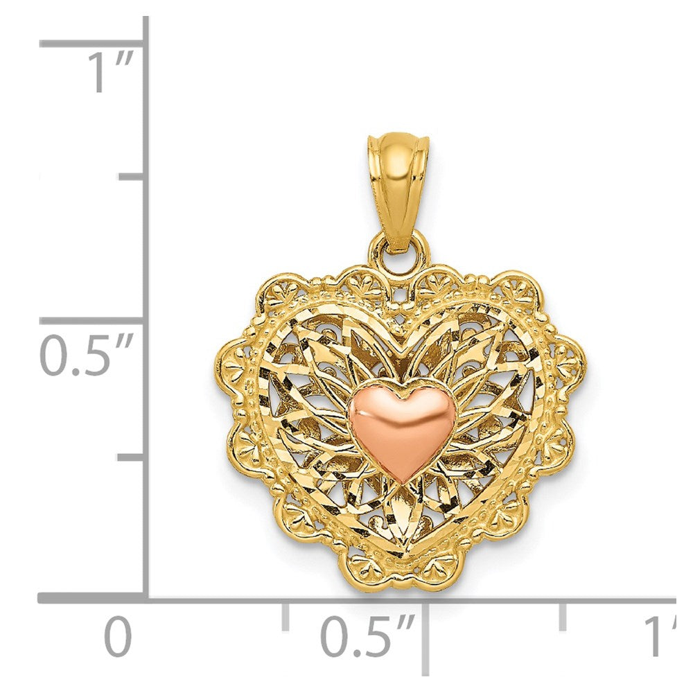 14K Bicolor-Gold mit Weißrhodium-Politur, wendbarer Filigran-Herz-Anhänger