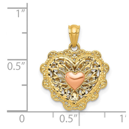 14K Bicolor-Gold mit Weißrhodium-Politur, wendbarer Filigran-Herz-Anhänger