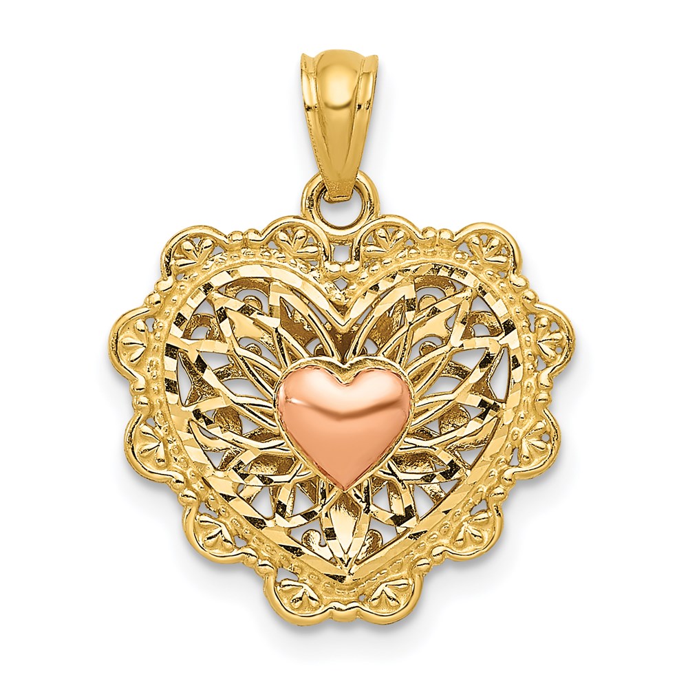 14K Bicolor-Gold mit Weißrhodium-Politur, wendbarer Filigran-Herz-Anhänger