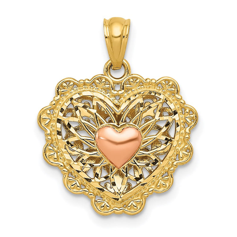 14K Bicolor-Gold mit Weißrhodium-Politur, wendbarer Filigran-Herz-Anhänger