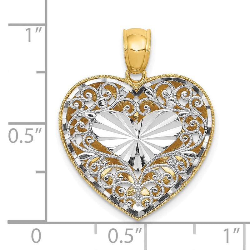 14 Karat Bicolor Gold Polierter Wendbarer Diamantgeschliffener Filigran-Herzanhänger