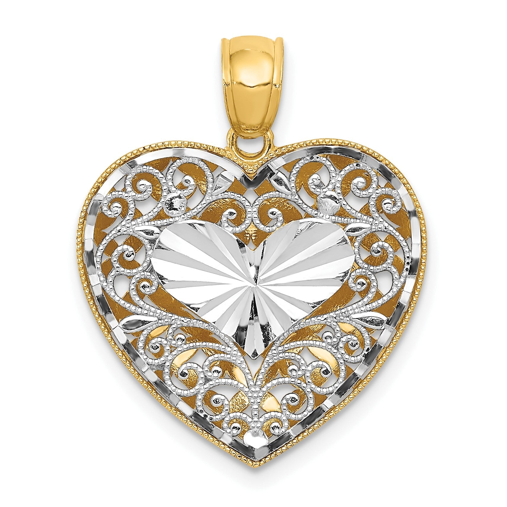 14 Karat Bicolor Gold Polierter Wendbarer Diamantgeschliffener Filigran-Herzanhänger