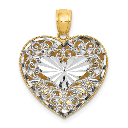 14 Karat Bicolor Gold Polierter Wendbarer Diamantgeschliffener Filigran-Herzanhänger