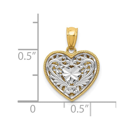 14K Bicolor Poliert Diamantiert Wendbar Herz Anhänger