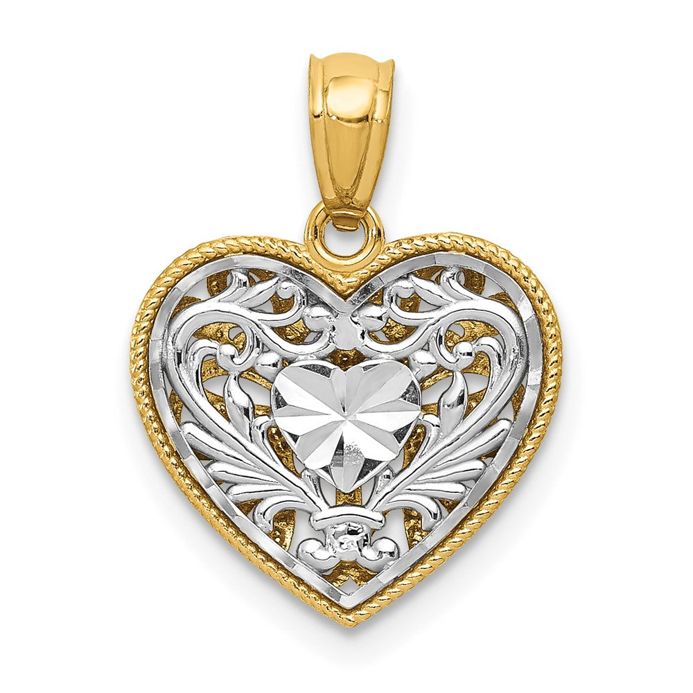 14K Bicolor Poliert Diamantiert Wendbar Herz Anhänger