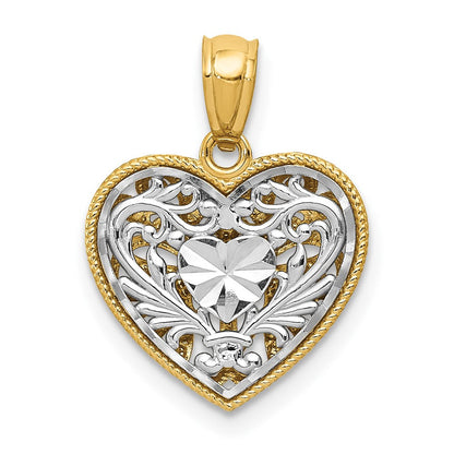 14K Bicolor Poliert Diamantiert Wendbar Herz Anhänger