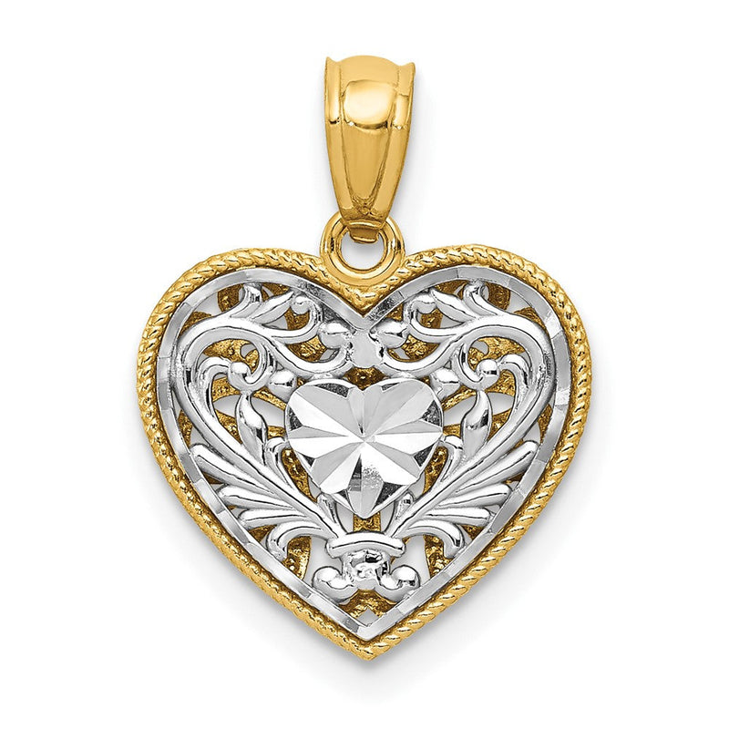 14K Bicolor Poliert Diamantiert Wendbar Herz Anhänger
