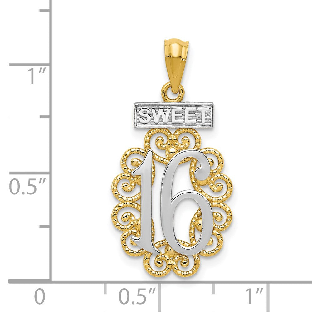14K Gelb & Rhodium mit Rhodium Filigran Süß 16 Anhänger