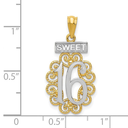 14K Gelb & Rhodium mit Rhodium Filigran Süß 16 Anhänger