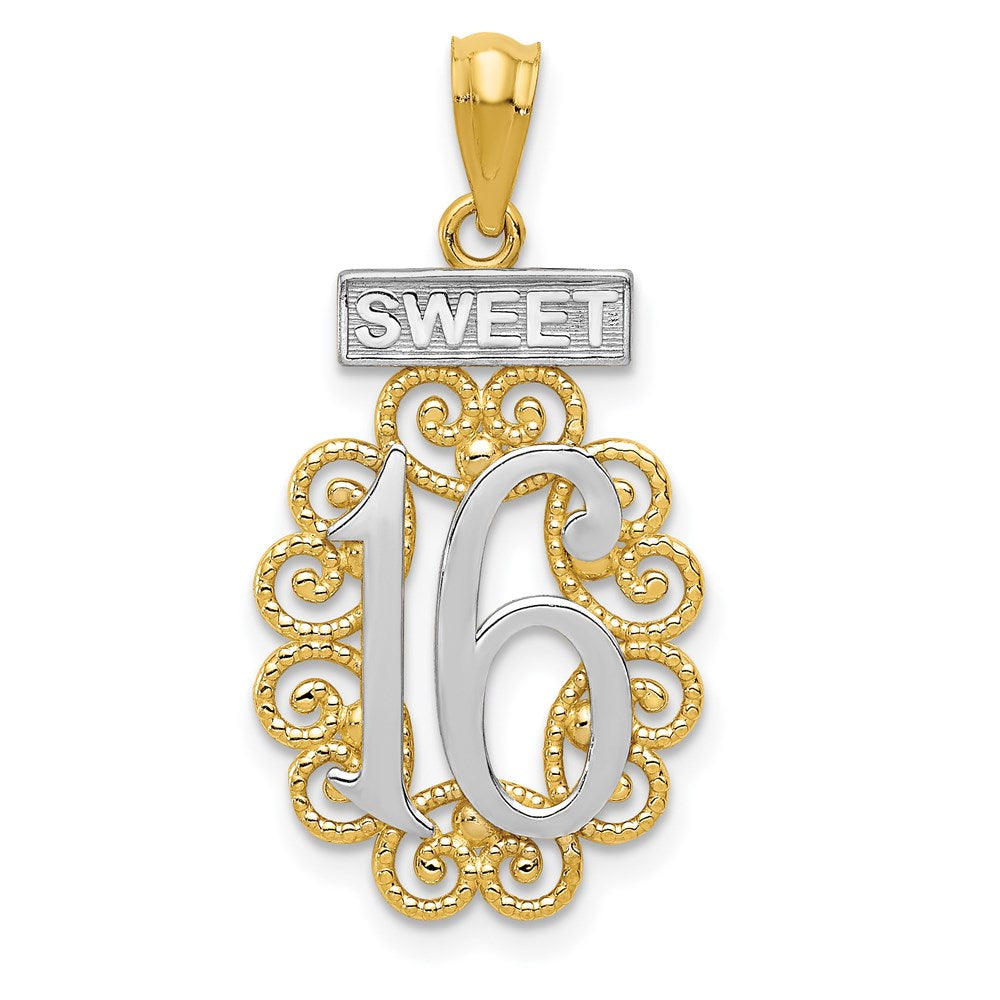 14K Gelb & Rhodium mit Rhodium Filigran Süß 16 Anhänger