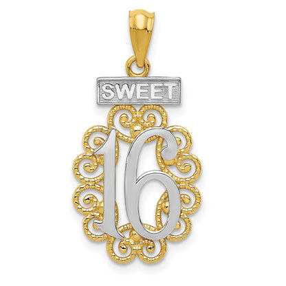 14K Gelb & Rhodium mit Rhodium Filigran Süß 16 Anhänger