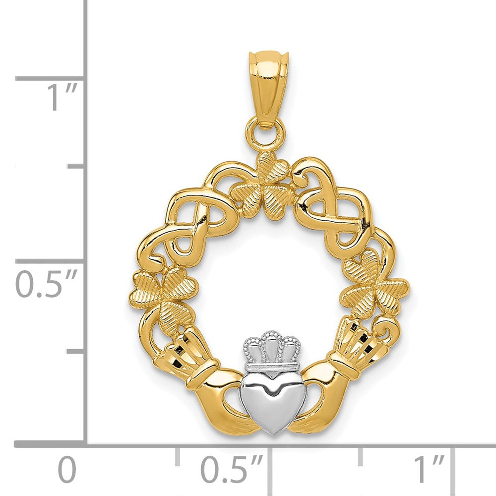 14 Karat Gelb- und Rhodiumgold Claddagh-Anhänger mit Rhodium