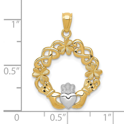 14 Karat Gelb- und Rhodiumgold Claddagh-Anhänger mit Rhodium