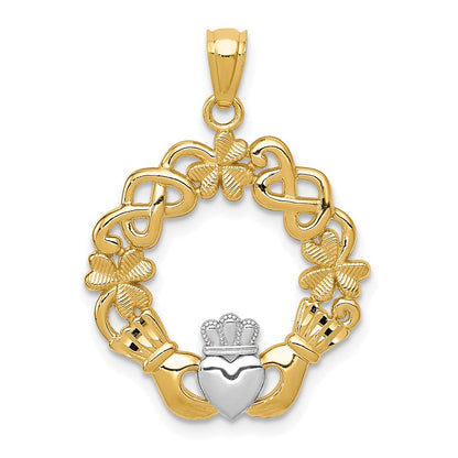 14 Karat Gelb- und Rhodiumgold Claddagh-Anhänger mit Rhodium