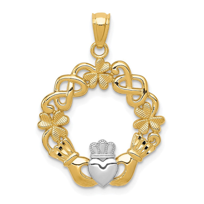 14 Karat Gelb- und Rhodiumgold Claddagh-Anhänger mit Rhodium