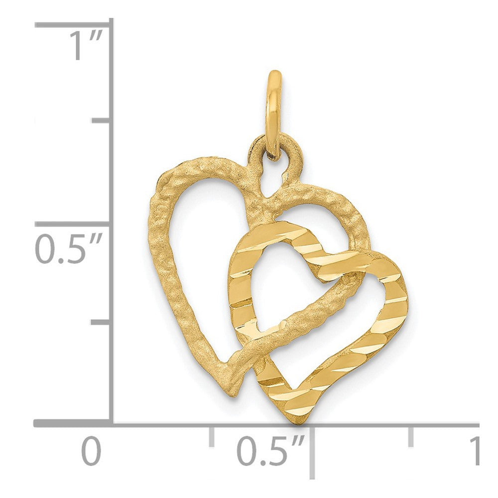 14K Gelbgold Poliert und Strukturiert Doppelt Herz Anhänger