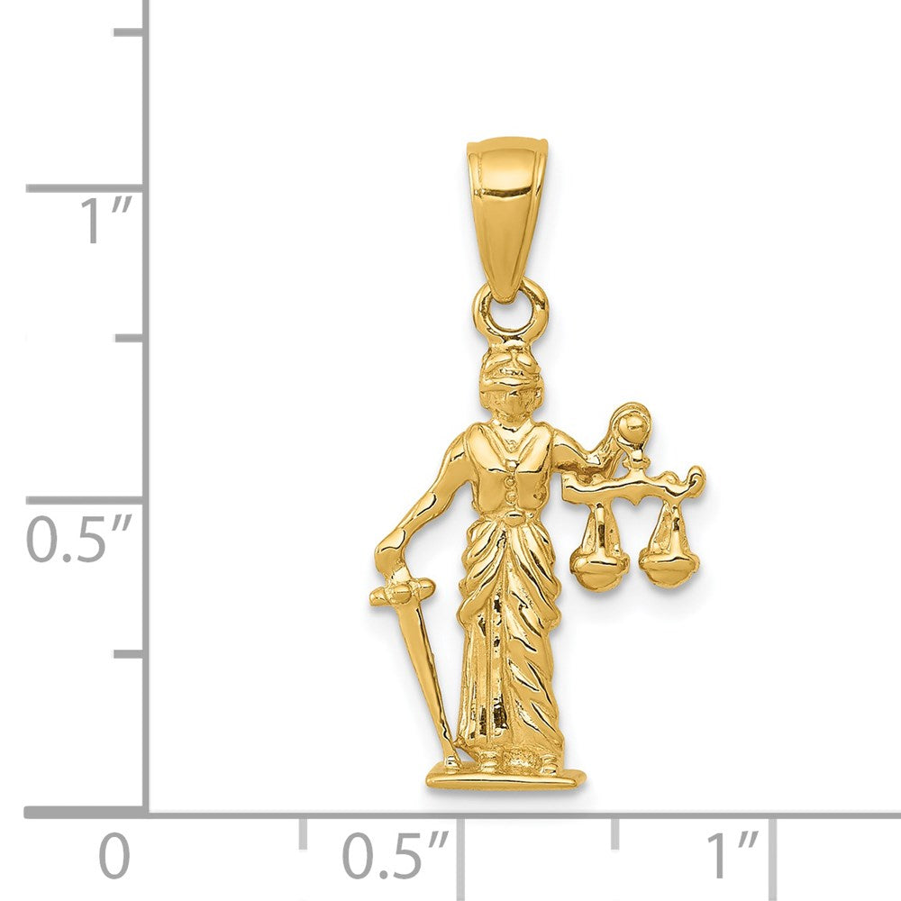 14 Karat Gelbgold Justitia-Anhänger 3D mit beweglicher Waage