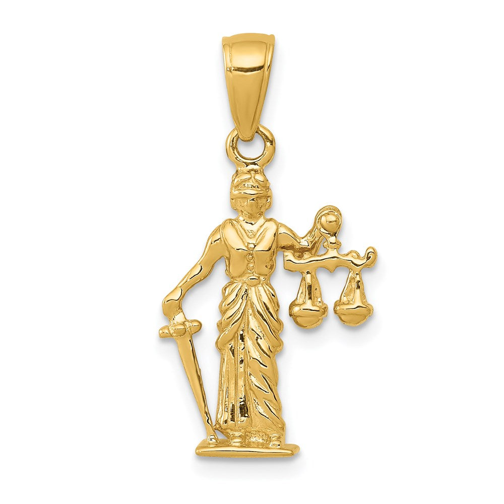 14 Karat Gelbgold Justitia-Anhänger 3D mit beweglicher Waage