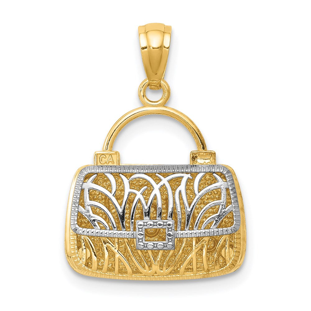 14K Gelb- & Rhodiumgold mit Rhodium 3D wendbarer Mama-Handtasche-Anhänger