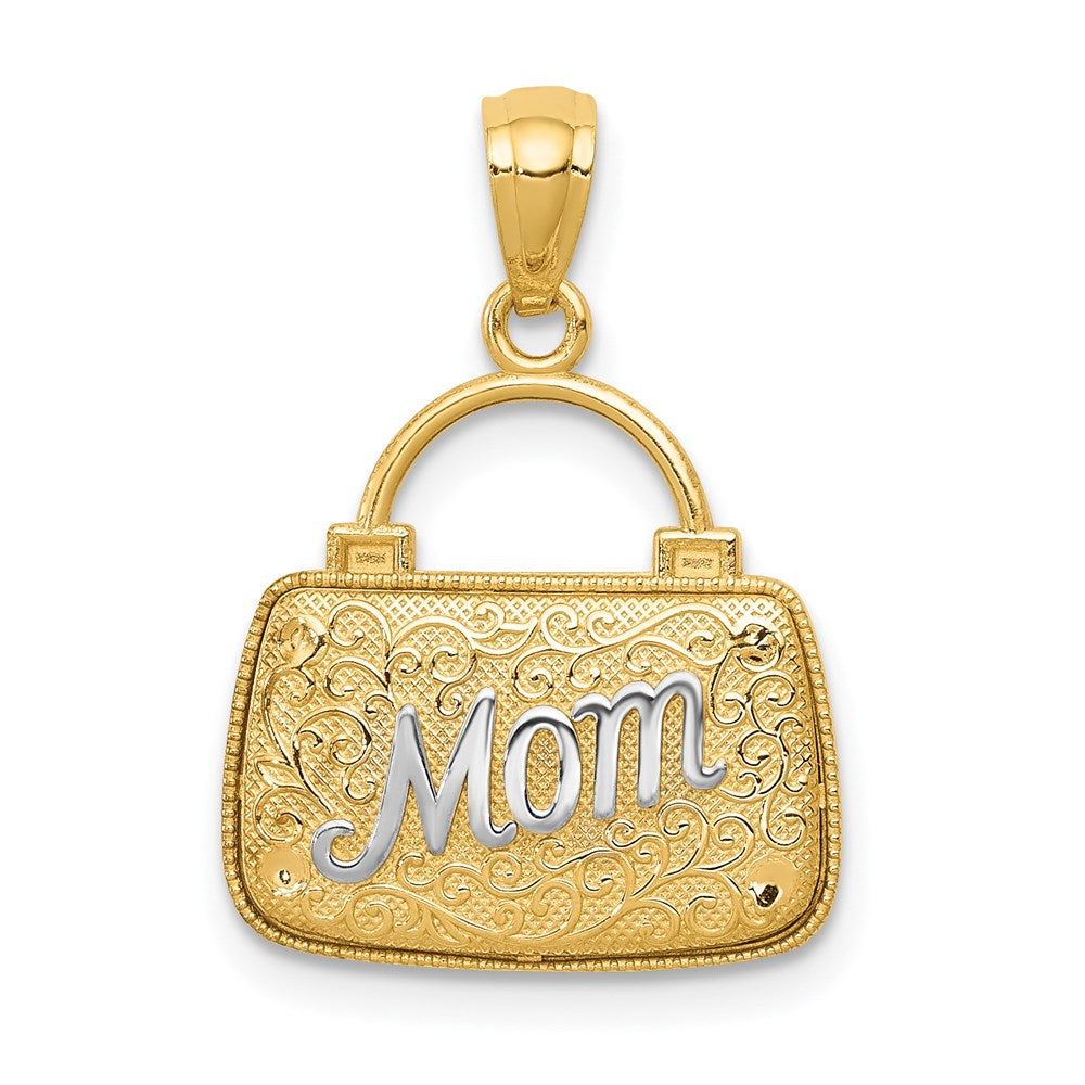 14K Gelb- & Rhodiumgold mit Rhodium 3D wendbarer Mama-Handtasche-Anhänger
