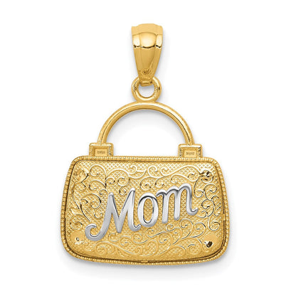 14K Gelb- & Rhodiumgold mit Rhodium 3D wendbarer Mama-Handtasche-Anhänger