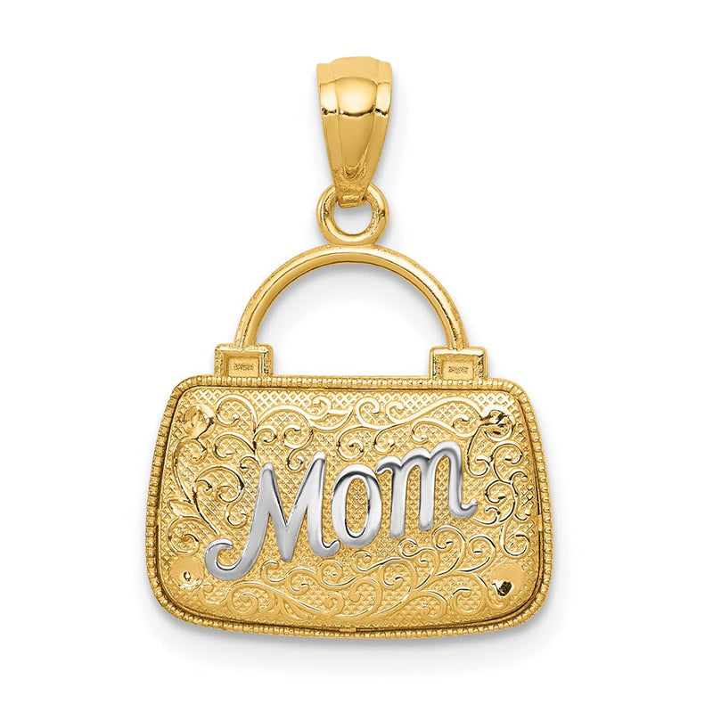 14K Gelb- & Rhodiumgold mit Rhodium 3D wendbarer Mama-Handtasche-Anhänger