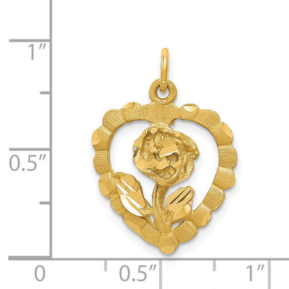 14K Gelbgold polierter und diamantierter Blume-im-Herz-Anhänger