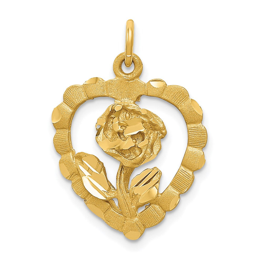 14K Gelbgold polierter und diamantierter Blume-im-Herz-Anhänger