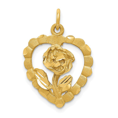 14K Gelbgold polierter und diamantierter Blume-im-Herz-Anhänger