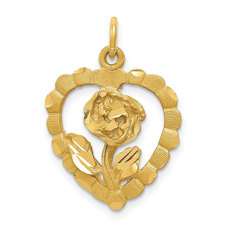 14K Gelbgold polierter und diamantierter Blume-im-Herz-Anhänger