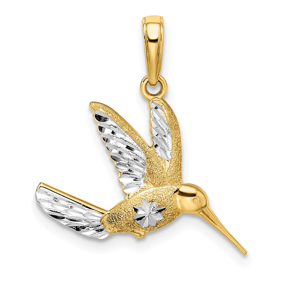 14 Karat Gelbgold mit Rhodium, rhodiniert, Anhänger „Kolibri" mit Diamantschliff