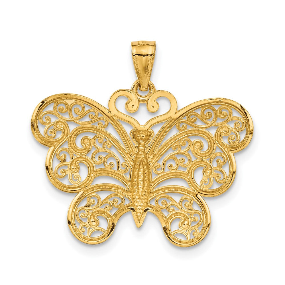 14K Gelbgold mit Rhodium-Filigran-Schmetterlingsanhänger und Rhodium