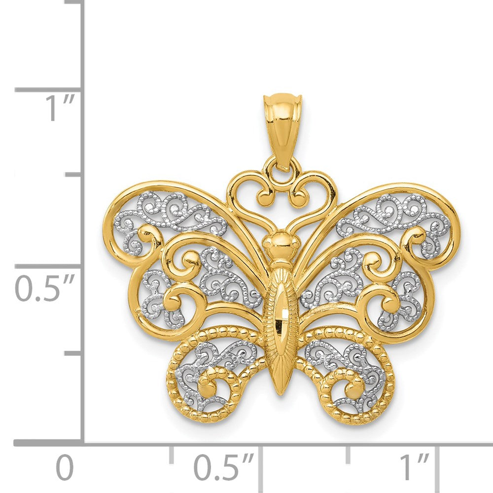 14K Gelbgold mit Rhodium-Filigran-Schmetterlingsanhänger und Rhodium