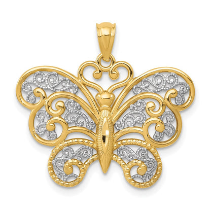 14K Gelbgold mit Rhodium-Filigran-Schmetterlingsanhänger und Rhodium
