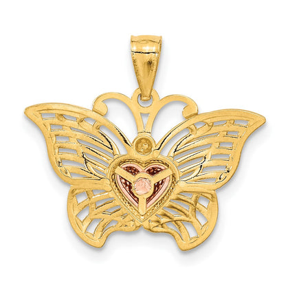 14K Bicolor-Gold mit Weißrhodium Schmetterling-Anhänger mit Herz
