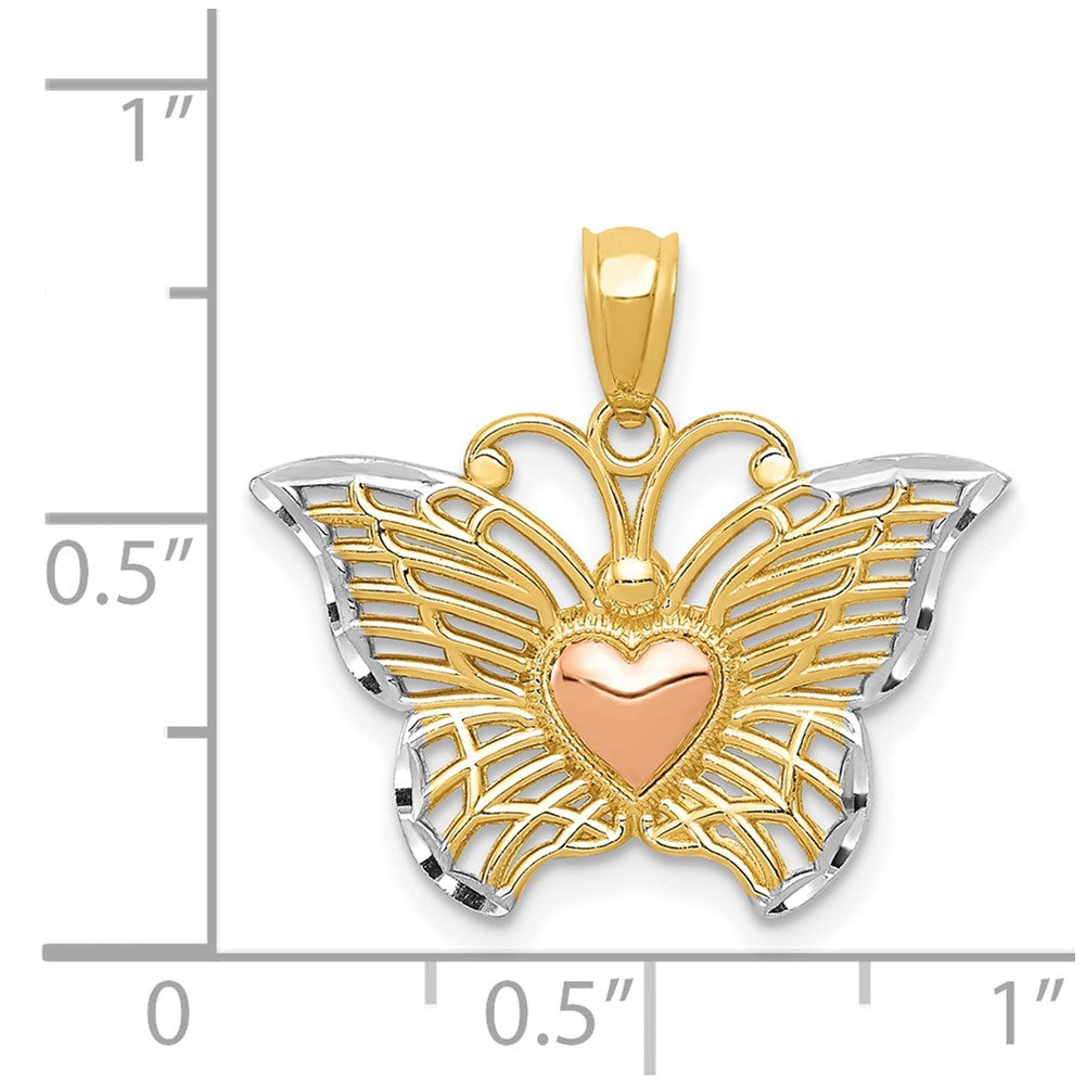 14K Bicolor-Gold mit Weißrhodium Schmetterling-Anhänger mit Herz