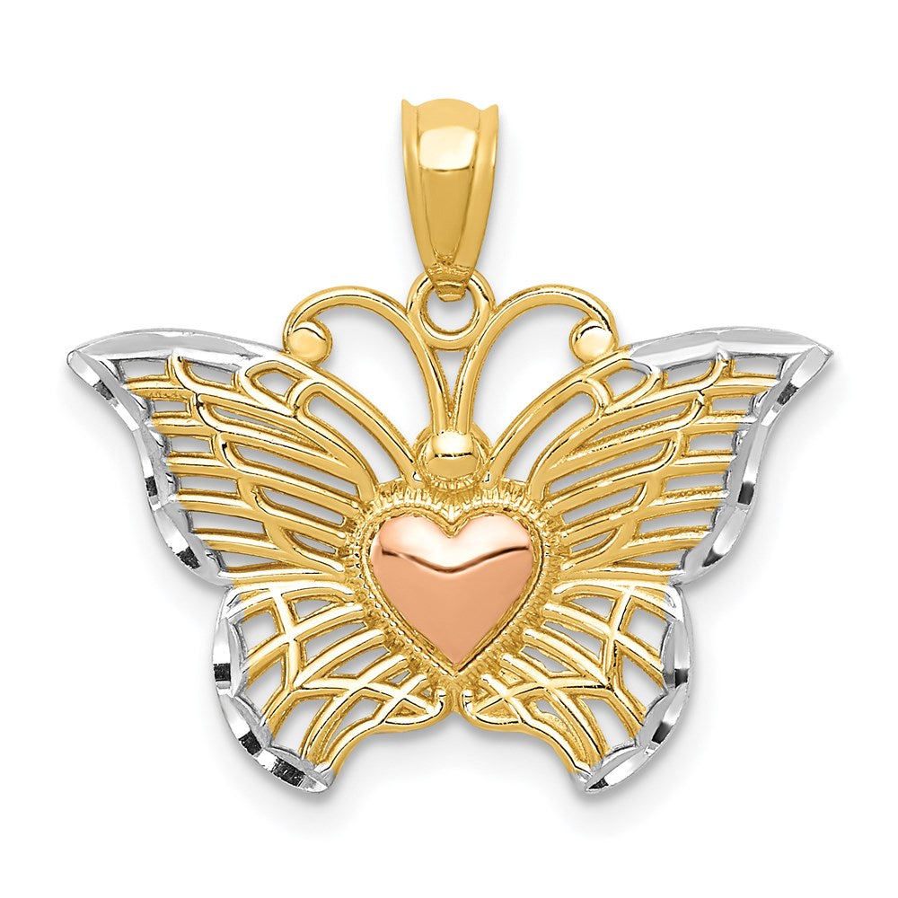 14K Bicolor-Gold mit Weißrhodium Schmetterling-Anhänger mit Herz