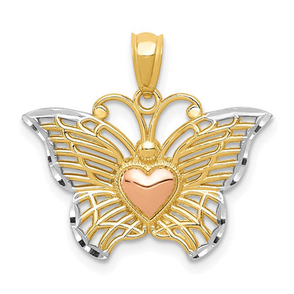 14K Bicolor-Gold mit Weißrhodium Schmetterling-Anhänger mit Herz