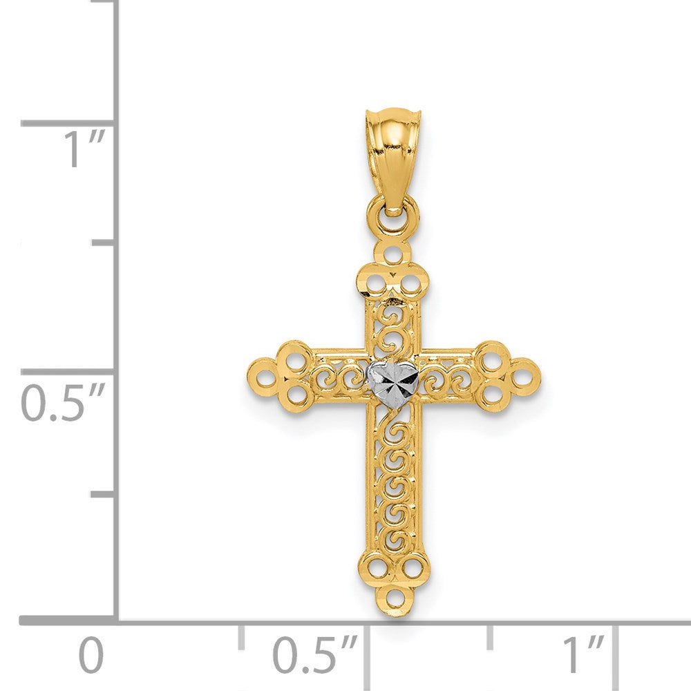 14K Gelb & Rhodium mit Rhodium Knospend Kreuz Anhänger