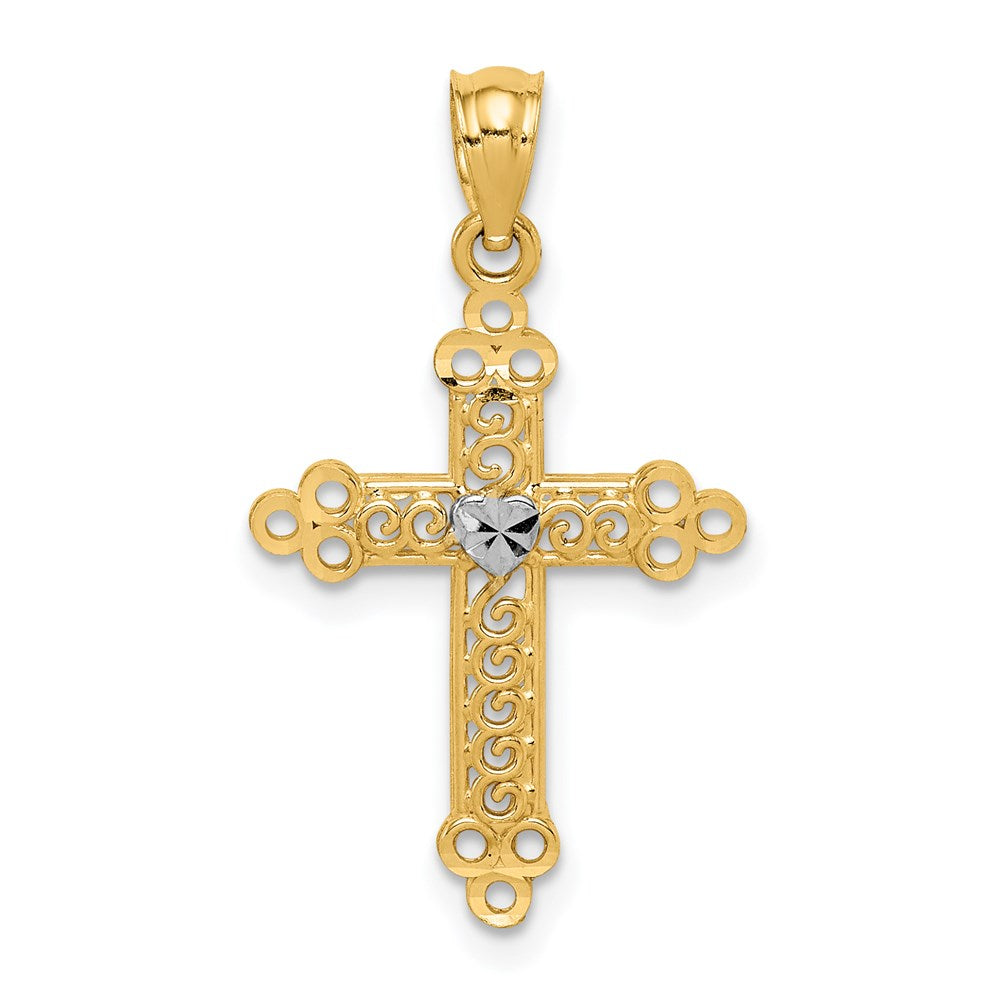 14K Gelb & Rhodium mit Rhodium Knospend Kreuz Anhänger